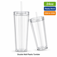 Gobelet en plastique à double paroi de 24 oz avec couvercle et paille, en stock, personnalisable avec logo, réutilisable, transparent, vente en gros