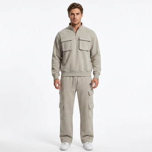 Ensemble de survêtement cargo pour homme, pull à col zippé, coupe décontractée, 100% coton, sweat-shirt et pantalon de jogging multi-poches, vente en gros - Product Image 1