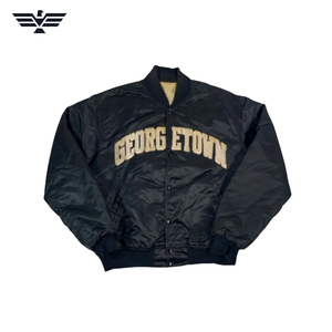 Blouson Bomber Unisexe Noir Brodé Lettres sur le Devant Col Montant Simple Boutonnage Style Universitaire Extérieur en Soie 100% Polyester Hiver - Product Image 5