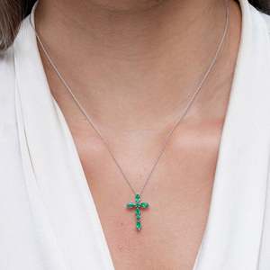 4.25G 14K 18K Gold Marquise & Round 0.78 Ctw Natural Green <b>Emerald</b> Studded Cross Charm <b>Pendant</b> Handmade Luxury Religious <b>Pendant</b> - Product Image 4
