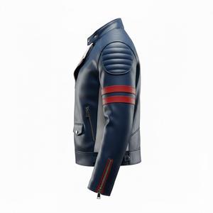 เสื้อแจ็คเก็ตมอเตอร์ไซค์หนังแท้สำหรับผู้ชาย สีน้ำเงินขาว ลายสายฟ้า  แบบนักแข่ง  บุไหล่  รับผลิตตามแบบ (OEM) ขายส่งจากโรงงาน - Product Image 5