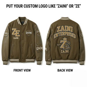 Custom Men Varsity <b>Jacket</b> 450 GSM Premium Wool Blend Body PU <b>Leather</b> Sleeves Olive <b>Brown</b> Embroidered Chenille Patch - Product Image 1