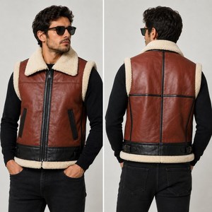 <b>Mens</b> Two Tone Leather Shearling Vest <b>Sheepskin</b> Winter Warm Fur <b>Gilet</b> Motorcycle Biker Jacket Sleeveless Aviator Patchwork Coat - Product Image 2