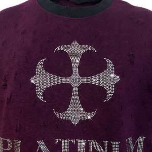 Wholesale Burgundy Rhinestone Graphic Long Sleeve T Shirt <b>Layered</b> Faux Leather Sleeve Vintage Distressed Heavyweight Cotton <b>Top</b> - Product Image 4