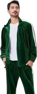 Survêtement décontracté ajusté en velours vert émeraude rétro de luxe avec bandes latérales contrastées, écologique - Product Image 3