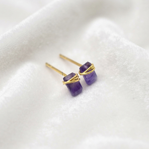 Ratnarachit Handmade Wire-Wrapped Amethyst <b>Stud</b> <b>Earrings</b> 14K Gold Plated Brass Baguette Cut Minimalist Gift - Product Image 3