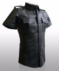 เสื้อเชิ้ตหนังเทียมแขนสั้นสีดำสำหรับผู้ชาย สไตล์นักขี่มอเตอร์ไซค์ ปกคอพับ สีพื้น ใส่ได้ในฤดูร้อน - Product Image 4