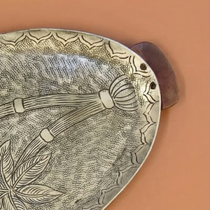 Modern Antique Oval Serving Tray With Palm <b>Tree</b> Engraving & Wooden Handle <b>Decorative</b> Metal Platter For Tropical Home <b>Decor</b> Hotel - Product Image 3