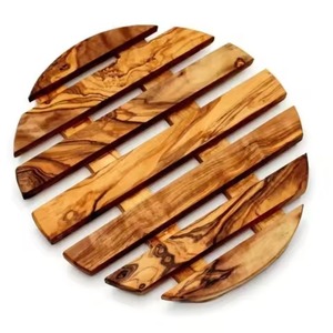 Trivets natural olive wood grain round parallel slat design heat insulation base pad for <b>table</b> <b>protection</b> trivets <b>Table</b> Decor - Product Image 1