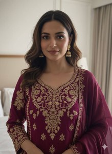 Women's Silk Salwar Kameez <b>Ankle</b>-Length Party Wear Top With Palazzo Fendy Sequence Embroidery Work Top With Palazzo & Dupatta - Product Image 3