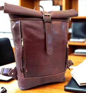 Grey Genuine Leather <b>Backpack</b> with Brown Leather Roll Top <b>Backpack</b> Bags Strap Buckle Business Casual Design Compartment <b>Backpack</b> - Product Image 1