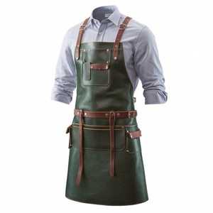 High Quality Green <b>Leather</b> Sleeveless Bib <b>Apron</b> with Adjustable Comfortable Brown Straps and Multiple Pockets for Baking Mats - Product Image 3
