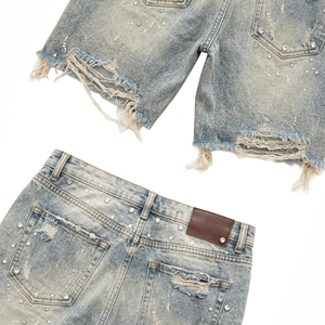 Men's Mid Waist Custom Button Fly Ripped Denim Bermuda <b>Shorts</b> With Rhinestone <b>Decoration</b> Washed Cotton Casual Style - Product Image 4