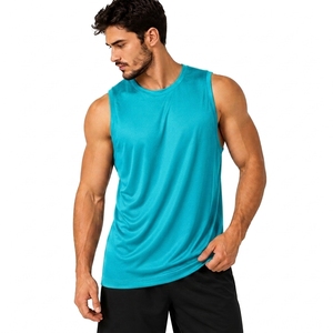 Camiseta sin mangas para hombre, color turquesa, cuello redondo, de secado rápido, algodón y spandex, estilo urbano, color sólido, tejida, para entrenamiento. - Product Image 1
