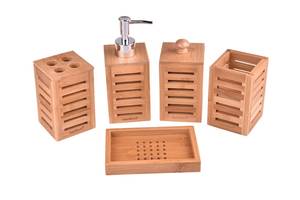 Wooden Bathroom Set Six Piece Rectangle Minimalist Style <b>Soap</b> Dish Toothbrush <b>Holder</b> Dispenser With Pump Easy To Clean - Product Image 5