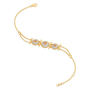Triple Floral Medallion Diamond <b>Bracelet</b> with Yellow Gold Chain and <b>Red</b> Stone Center Accent Design - Product Image 3