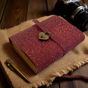 Genuine Red Leather Journal with Heart <b>Lock</b> Personalized Flower Embossed Notebook Handmade Deckle Paper <b>Diary</b> for Writing - Product Image 2