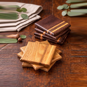 Premium Square Acacia & Sheesham Wooden <b>Coaster</b> <b>Set</b>. Handcrafted Two-Tone Finish Drink Mats & Pads For Eco-Friendly Table Decor - Product Image 2