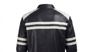<b>Men's</b> Black PU Leather Moto <b>Jacket</b> With White Stripes Stand Collar Zipper Closure Slim Fit Autumn Style - Product Image 4