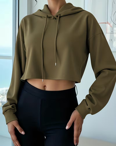 Women's Olive Green Cropped Hoodie Long Sleeve Solid Knitted Fleece Polyester/Cotton Pockets Winter Style Breathable Casual Wear - Product Image 1
