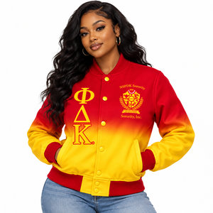 Chaqueta Universitaria de Satén Ombre para Mujer NSPDK Sorority, Chaqueta Letterman con Letras Griegas Bordadas, Botones a Presión, Cuello y Puños de Punto Acanalado - Product Image 1