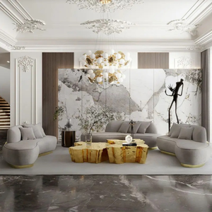 Juego de Sofás Seccionales Curvos Modernos de Lujo, Estructura de Madera de Caoba, Tapizado de Esponja, Muebles para Sala de Estar, Hotel, Villa, Indonesia - Product Image 3