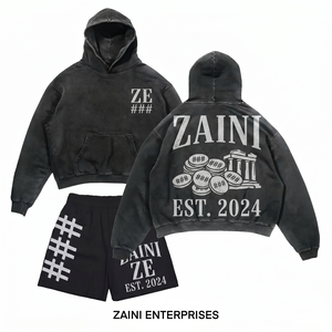 Conjunto de Sudadera con Capucha y Pantalones Cortos de Algodón Sólido Premium para Hombre, Transpirable, para Invierno, 340 GSM, con Logotipo Personalizado de Pedrería, Tejido de Punto - Product Image 1