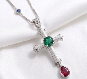 Collier pendentif croix plaqué argent avec rubis ovale vert et saphir en forme de goutte, chaîne torsadée pour femme, bijoux de soirée - Product Image 4