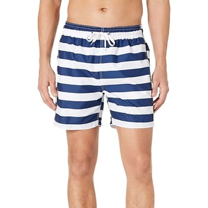 Short de bain rayé pour homme, bleu et blanc, avec cordon de serrage à la taille, séchage rapide, décontracté, longueur courte, taille mi-haute - Product Image 1