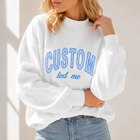 Kadın Beyaz Büyük Beden Bisiklet Yaka Sweatshirt Özel Harf Baskılı Mavi Gingham Desenli %100 Pamuk Sonbaharlık