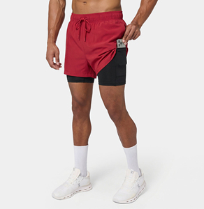 Shorts de sport pour homme, rouge, double couche, avec doublure de compression intérieure, séchage rapide, shorts de course sportifs, cordon de serrage à la taille, poches - Product Image 1