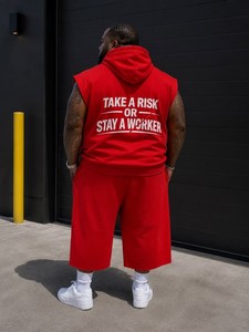 <b>Red</b> Tracksuit <b>Men</b> Heavyweight Sleeveless Zip Up Hoodie and Matching Longk Shorts Outfit Streetwear Two Piece Set - Product Image 6