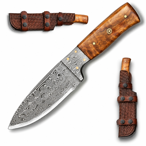 Couteau en acier Damas personnalisable, manche en bois, lame fixe avec étui en cuir, couteau de coupe artisanal pour l'extérieur - Product Image 1