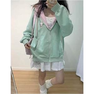 เสื้อสเวตเชิ้ตมีฮู้ดสีเขียวมิ้นท์พร้อมผ้าฟลีซพิมพ์ลายการ์ตูนทรงโอเวอร์ไซส์สไตล์โลลิต้าสำหรับฤดูใบไม้ร่วงดีไซน์กระเป๋าด้านหน้า - Product Image 1