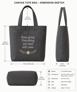 Sac fourre-tout en toile pour femme avec citation inspirante et broderie florale, style minimaliste gris, pour les voyages et le shopping, toutes saisons - Product Image 2