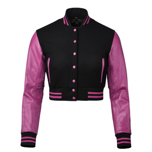 Chaqueta Varsity para Mujer, Negra, Cuerpo de Punto, Mangas de Cuero PU Rosa, Cierre de Botones, Cuello Camisero, Corta, para Otoño - Product Image 4