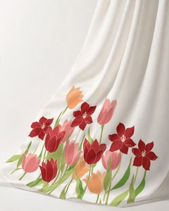 ผ้าคลุมบูบูลายดอกทิวลิปสีแดงเข้ม ผ้าเครปวิสโคสสีขาวสตาร์ค ผ้าเครปขอบลายพฤกษศาสตร์ซูริ สีเทอร์ราคอตต้าและสีแดงเข้ม - Product Image 1