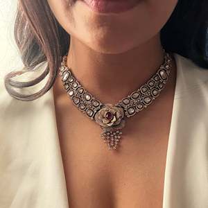 Gold Plated Rosy Polki Designer Bridal Necklace Set with Earrings and Ring - Product Image 1