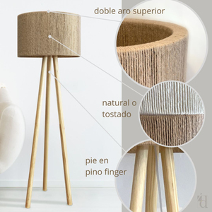 Lampadaire trépied en bois nordique, style moderne et minimaliste, en pin, avec abat-jour en corde de papier tressée à la main, pour salon - Product Image 1