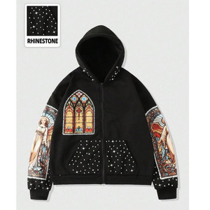 Custom <b>Rhinestone</b> Angel Print Zip Up Hoodie Men Oversized Streetwear Fleece Sweatshirt OEM Wholesale Winter <b>Jacket</b> - Product Image 1