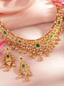 Conjunto de Collar y Pendientes de Aleación Chapada en Oro Ortodoxo Indio, Joyería de Boda para Mujer, Diseño Rani Haar, Patrón Floral, Estilo Clásico - Product Image 3