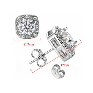 925 <b>Silver</b> Lab Grown Diamond Round <b>Stud</b> Earrings Halo Basket Set Unisex Luxury Push Back Earrings - Product Image 4