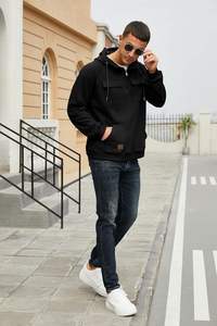 Sweat-shirt à capuche noir pour homme, demi-zip, poche kangourou, mélange de coton et polaire, décontracté, streetwear, chaud pour l'hiver, ODM, séchage rapide, respirant - Product Image 3