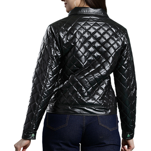 Chaqueta de Cuero PU Acolchada para Mujer, Color Sólido, Cuello Camisero, Manga Larga, Cierre de Cremallera, Largo Regular, para Otoño - Product Image 5