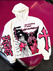 Men's White Hooded Sweatshirt Oversized Streetwear Print Angel Cross <b>Heart</b> Design Regular Sleeve Knitted Cotton Autumn Wear - Product Image 4