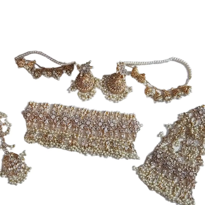 Conjunto de collar tradicional afgano con piedras de rubí rosa y detalles en verde esmeralda con perla blanca colgante. - Product Image 6