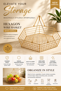 SAFA INTERNATIONAL <b>Gold</b> Wire <b>Storage</b> <b>Basket</b> Polygon Shape Handles Minimalist Design Stainless Steel Mesh Single Tier - Product Image 4