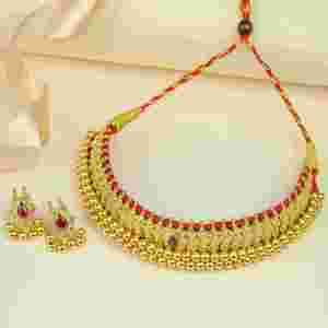 Collier Royal Thushi plaqué or, bijoux traditionnels maharashtrien, chaînes à maillons, pierre naturelle pour femmes - Product Image 2