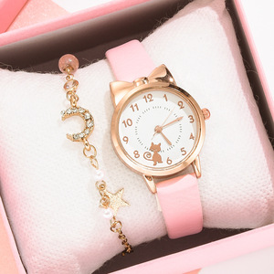 Women Cartoon Quartz Watch With Pink Strap And Moon Star Bracelet Set Analog <b>Display</b> Rose Gold <b>Case</b> 30mm Dial Woman Quartz Watch - Product Image 4