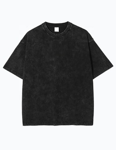 T-shirt en jersey de coton noir délavé surdimensionné pour homme, manches courtes, col rond, décontracté, couleur unie, design simple - Product Image 1